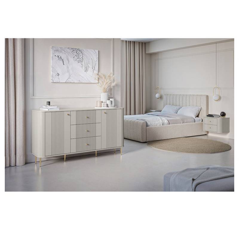 Lomadox Schlafzimmer-Set VIRGINIA-141, (Spar-Set, 3-tlg., Kommode Nachttische), kaschmir mit goldfarbenen Griffen & Füßen, gerillte Frontstruktur von Lomadox