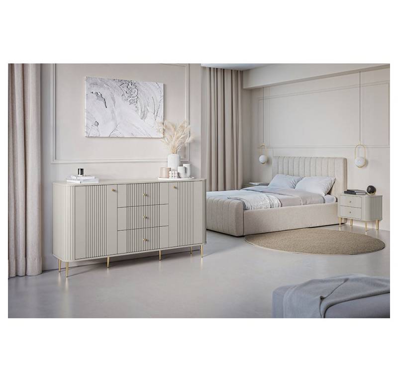Lomadox Schlafzimmer-Set VIRGINIA-141, (Spar-Set, 3-tlg., Kommode Nachttische), kaschmir mit goldfarbenen Griffen & Füßen, gerillte Frontstruktur von Lomadox