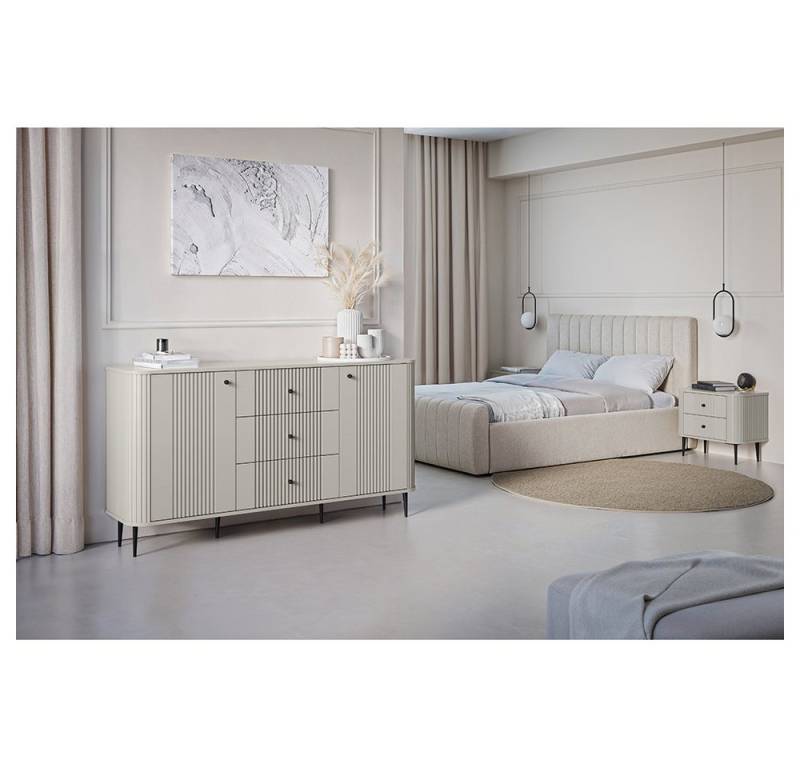 Lomadox Schlafzimmer-Set VIRGINIA-141, (Spar-Set, 3-tlg., Kommode Nachttische), kaschmir mit schwarzen Griffen & Füßen, gerillte Frontstruktur von Lomadox