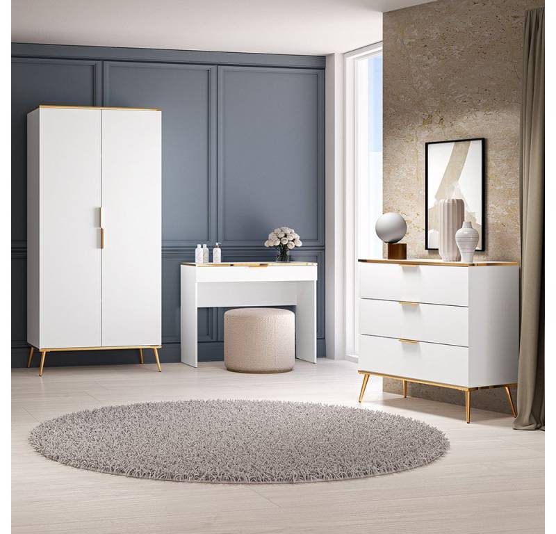 Lomadox Schlafzimmer-Set VLORA-131, (Spar-Set, 3-tlg., Kleiderschrank Schminktisch Kommode), Kleiderschrank Schminktisch Kommode, weiß mit goldfarbigen Details von Lomadox