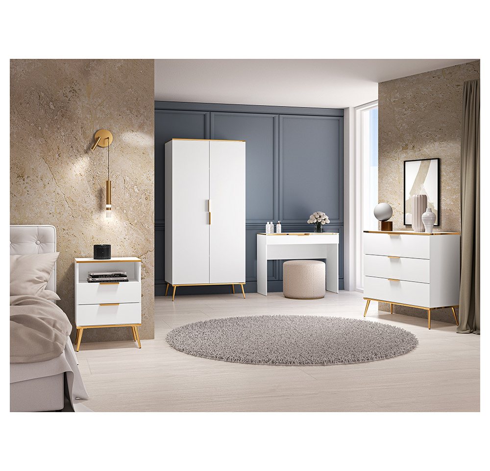 Lomadox Schlafzimmer-Set VLORA-131, (Spar-Set, 4-tlg., Kleiderschrank Schminktisch Nachttisch Kommode), Ankleide Schminktisch Nachtschrank Kommode in weiß goldfarbig von Lomadox