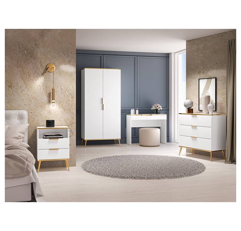 Lomadox Schlafzimmer-Set VLORA-131, (Spar-Set, 4-tlg., Kleiderschrank Schminktisch Nachttisch Kommode), Ankleide Schminktisch Nachtschrank Kommode in weiß goldfarbig von Lomadox