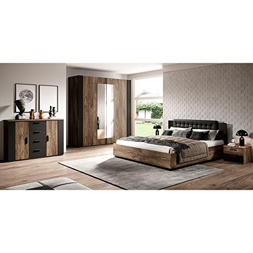 Lomadox Schlafzimmer Set inkl. Bett und Lattenrost, Liegefläche 180 x 200 cm in Flagstaf Eiche dunkel Nb. und Silber, kombiniert mit schwarz von Lomadox
