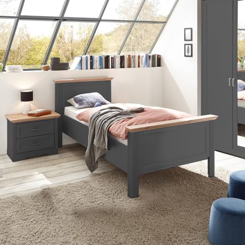 Lomadox Schlafzimmermöbel Set 2-teilig mit Bett 100x200cm, Nachttisch in Graphit mit Eiche Landhaus von Lomadox