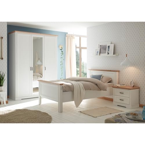 Lomadox Schlafzimmermöbel Set 3-teilig mit Bett 100x200cm, Nachttisch, Kleiderschrank in Pinie weiß mit Eiche Landhaus von Lomadox