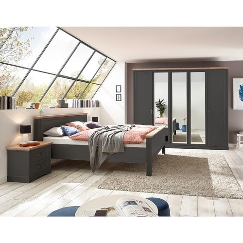 Lomadox Schlafzimmermöbel Set 4-teilig mit Bett 180x200cm, 2X Nachttisch, Kleiderschrank in Graphit mit Eiche Landhaus von Lomadox