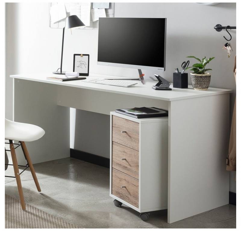 Lomadox Schreibtisch BRAGA-80, Büro inkl. Rollcontainer in weiß mit Wildeiche Nb., : 150/73,6/65 cm von Lomadox