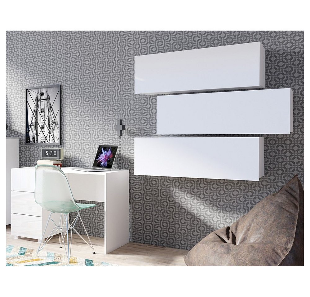 Lomadox Schreibtisch CAIRNS-132, Arbeitstisch mit Wandregal in weiß Hochglanz, Modern, grifflos von Lomadox