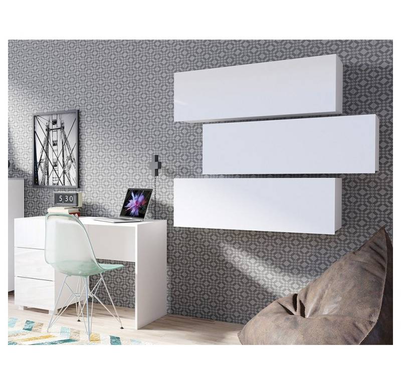 Lomadox Schreibtisch CAIRNS-132, Arbeitstisch mit Wandregal in weiß Hochglanz, Modern, grifflos von Lomadox