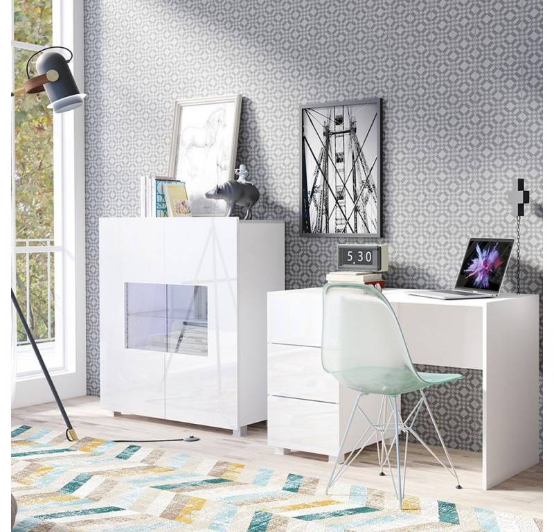 Lomadox Büromöbel-Set CAIRNS-132, (Spar-Set, 5-tlg., Highboard Computertisch), Schreibtisch mit Schrank in weiß Hochglanz, Modern, grifflos von Lomadox