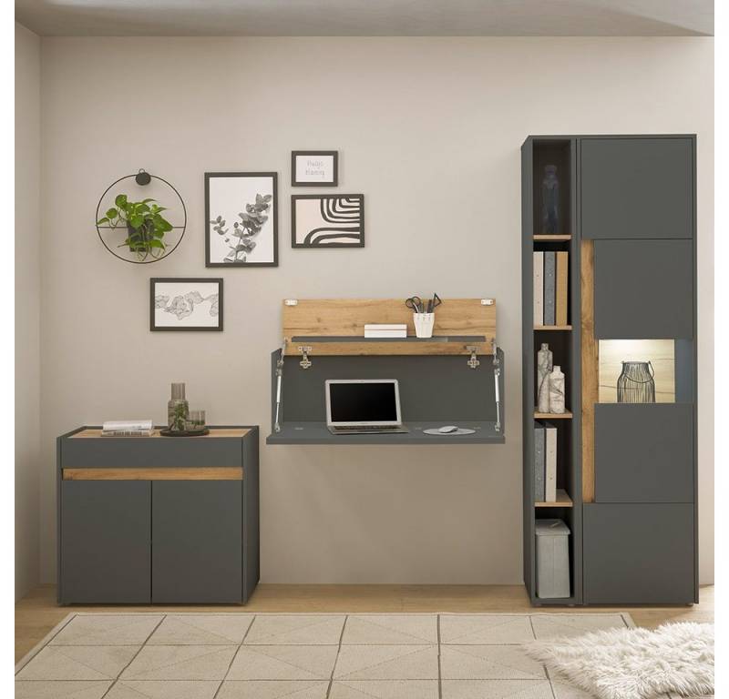 Lomadox Büromöbel-Set CRISP-61, (Spar-Set, 4-tlg., Vitrine Sekretär Standregal Kommode), mit Schrank Vitrinenschrank Regal Hängesekretär, anthrazit mit Eiche von Lomadox