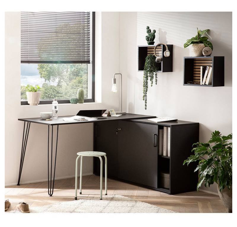 Lomadox Büromöbel-Set EVORA-80, (Spar-Set, 3-tlg., Schreibtisch Wandregale), Eckschreibtisch Set Bürotisch modern in schwarz Akustikpaneel-Optik von Lomadox
