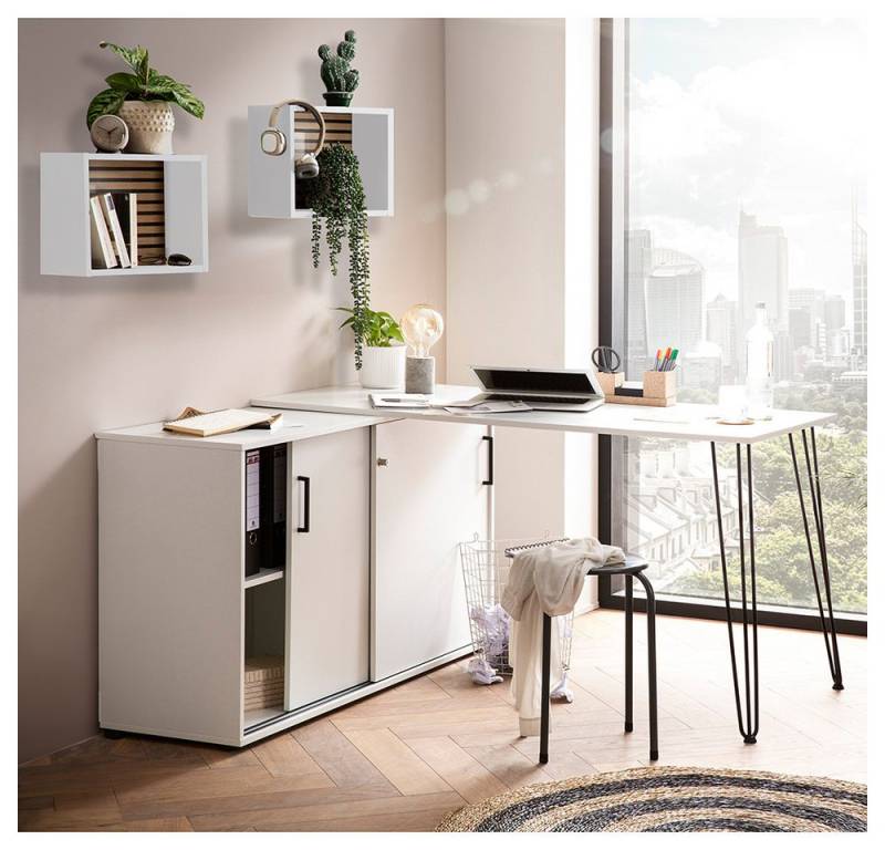 Lomadox Büromöbel-Set EVORA-80, (Spar-Set, 3-tlg., Schreibtisch Wandregale), Eckschreibtisch Set Bürotisch modern in weiß Akustikpaneel-Optik von Lomadox