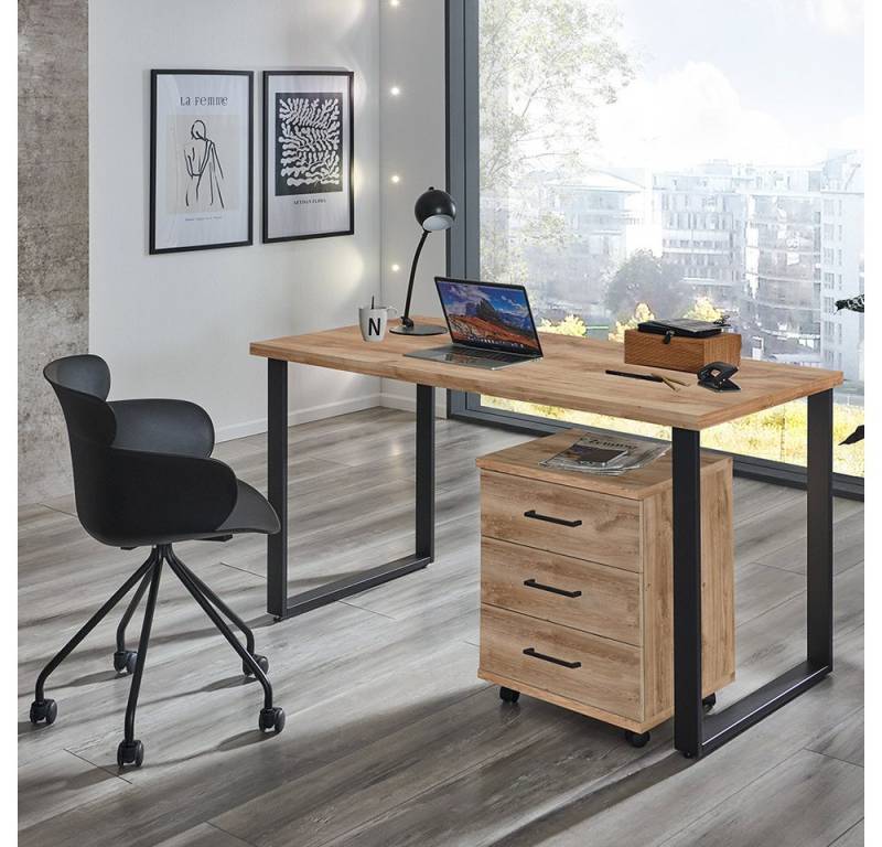 Lomadox Büromöbel-Set HILLSTON-43, (Spar-Set, 2-tlg., Schreibtisch Rollcontainer), 120cm, im Set mit Bürocontainer, Plankeneiche von Lomadox