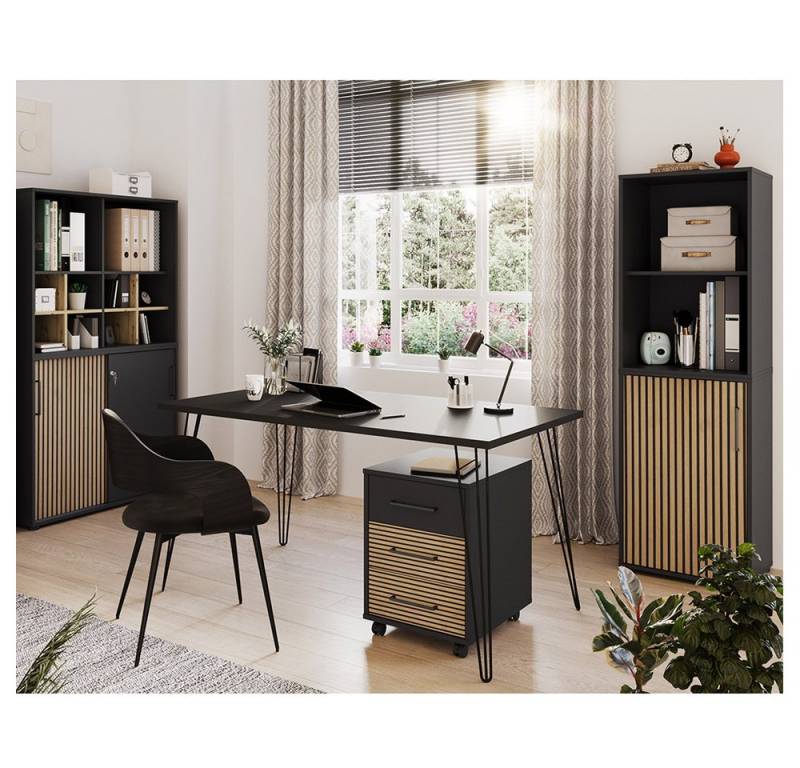 Lomadox Büromöbel-Set HUNTSVILLE-80, (Spar-Set, 4-tlg., Schreibtisch Rollcontainer Regale Aktenschränke Regaleinsätze), Büroeinrichtung Büroausstattung modern schwarz Akustikpaneel-Optik von Lomadox