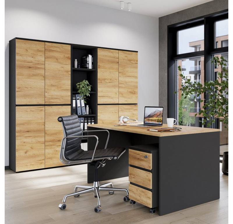 Lomadox Büromöbel-Set LUGANO-01, (Spar-Set, 5-tlg., Container Computertisch Aktenregal Büroschränke), Schreibtisch Aktenschrank Rollcontainer Graphit grau Eiche von Lomadox