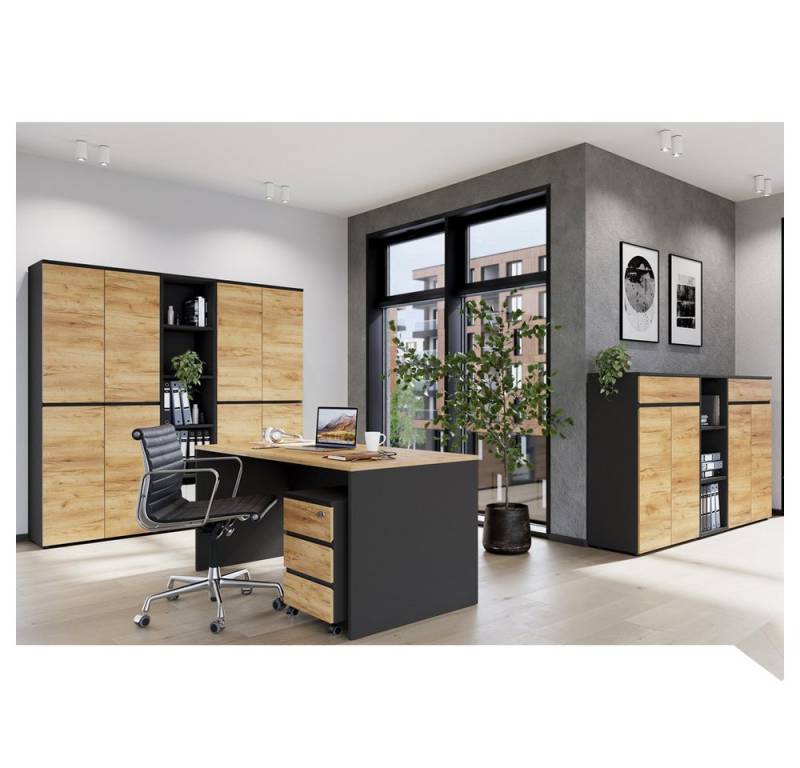 Lomadox Büromöbel-Set LUGANO-01, (Spar-Set, 8-tlg., Aktenschränke Aktenregal Standegal Computertisch Container), Schreibtisch Aktenschrank Rollcontainer Regal Graphit grau Eiche von Lomadox