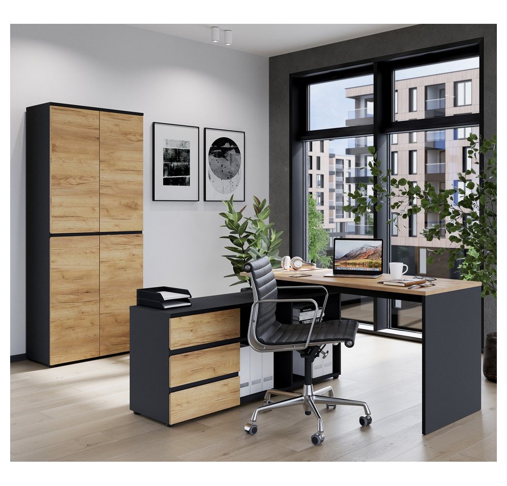 Lomadox Büromöbel-Set LUGANO-01, (Spar-Set, 2-tlg., Aktenschrank Schreibtisch), Büroschrank Set mit Eckschreibtisch Graphit mit Navarra Eiche Nb. Lomadox Büromöbel-Set LUGANO-01, (Spar-Set, 2-tlg., Aktenschrank Schreibtisch), Büroschrank Set mit Eckschreibtisch Graphit mit Navarra Eiche Nb. von Lomadox