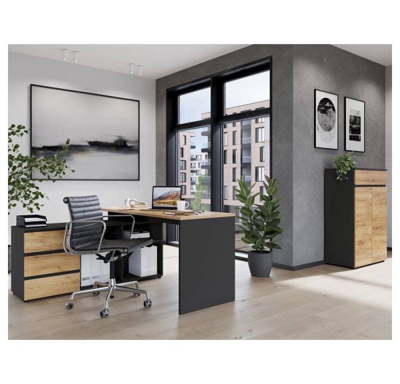 Lomadox Büromöbel-Set LUGANO-01, (Spar-Set, 2-tlg., Schreibtisch Büroschrank), Eckschreibtisch und Aktenschrank in Graphit mit Navarra Eiche Nb. von Lomadox