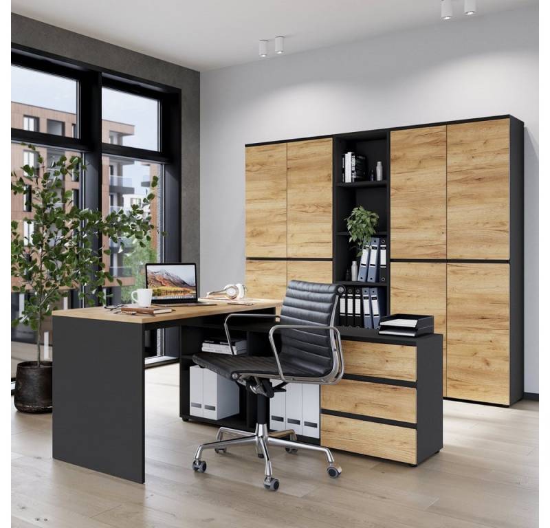 Lomadox Büromöbel-Set LUGANO-01, (Spar-Set, 4-tlg., Schreibtisch Aktenschränke Aktenregal), mit Aktenschrank Kombination in Graphit mit Navarra Eiche Nb. von Lomadox