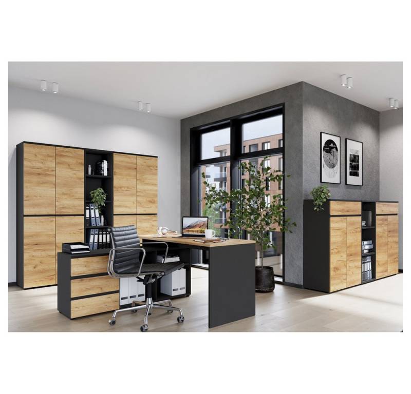 Lomadox Büromöbel-Set LUGANO-01, (Spar-Set, 7-tlg., Aktenregal Regal Schreibtisch Aktenschrank Büroschrank), mit Eckschreibtisch in Graphit mit Navarra Eiche Nb. von Lomadox