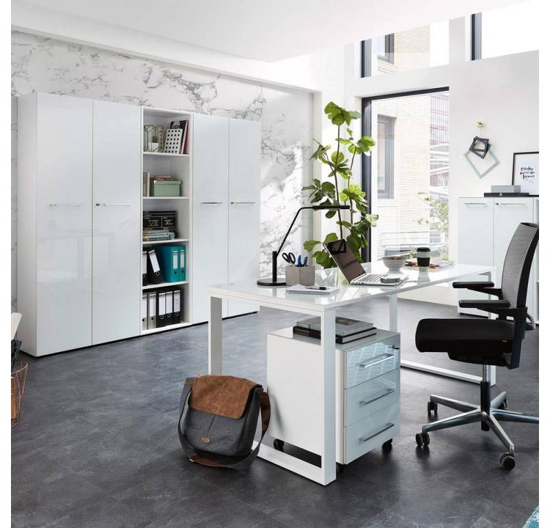 Lomadox Büromöbel-Set MONTERO-01, (Spar-Set, 6-tlg., Aktenschrank Aktenregal Rollcontainer Schreibtisch Schrank), Design Büroschrank Set mit weißen Glasfronten Design mit Glasplatte von Lomadox