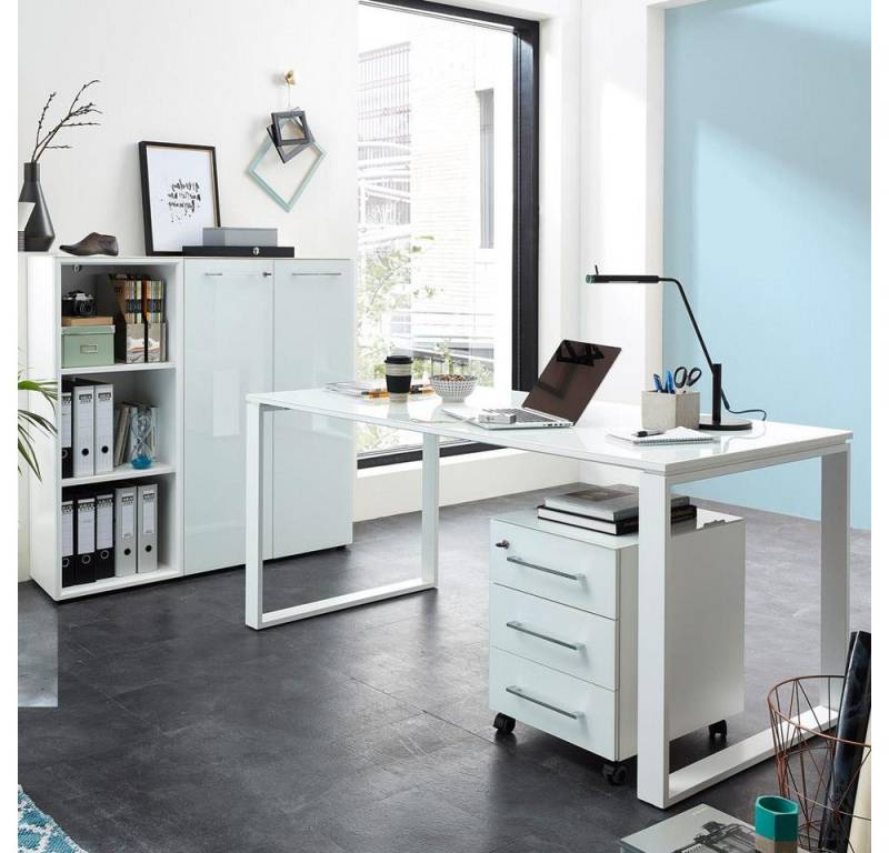 Lomadox Büromöbel-Set MONTERO-01, (Spar-Set, 5-tlg., Aktenschrank Aktenregal Rollcontainer Schreibtisch), Büroschrank Set in weiß mit Glasfronten & mit Glasplatte von Lomadox