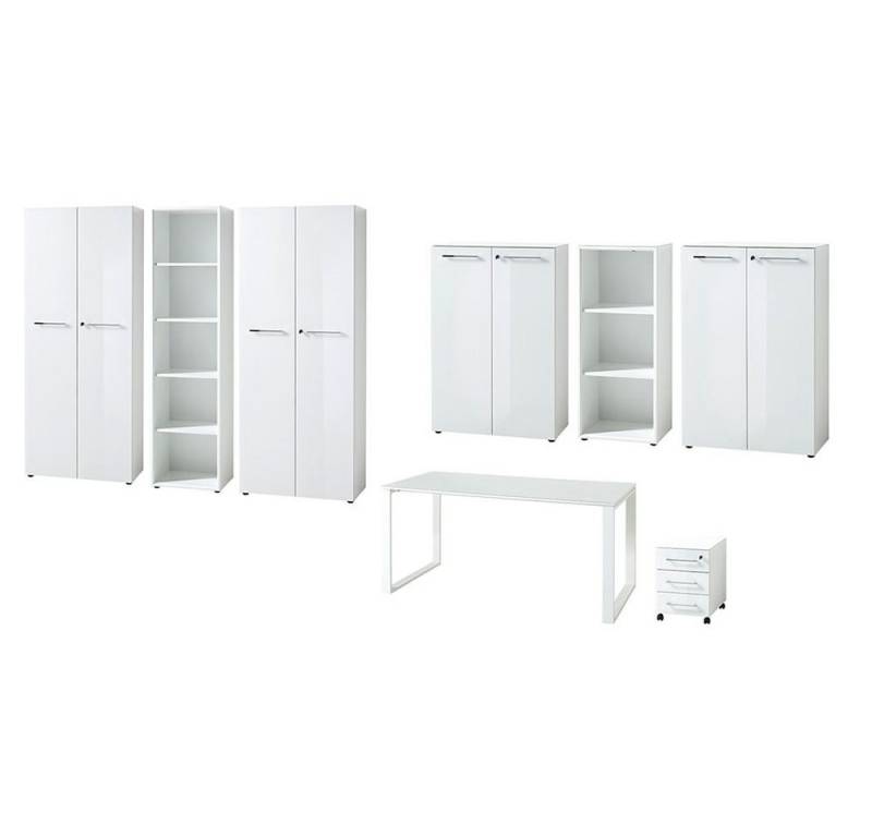 Lomadox Büromöbel-Set MONTERO-01, (Spar-Set, Aktenschrank Aktenregal Schrank Regal Schreibtisch), Büroschrank Set mit Glasfronten in weiß : 420x196x37 cm von Lomadox