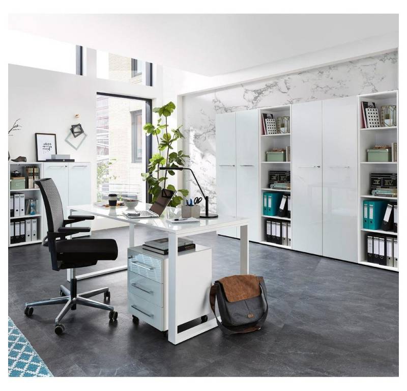 Lomadox Büromöbel-Set MONTERO-01, (Spar-Set, 8-tlg., Schreibtisch Rollcontainer Büroschränke Aktenregale), mit Glasfronten in weiß Aktenschränke Container und 390x196x37cm von Lomadox