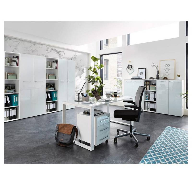 Lomadox Büromöbel-Set MONTERO-01, (Spar-Set, 9-tlg., Schreibtisch Rollcontainer Aktenschränke Büroschränke Aktenregal), mit Glasfronten in weiß und abschließbaren Türen 420x196x37cm von Lomadox