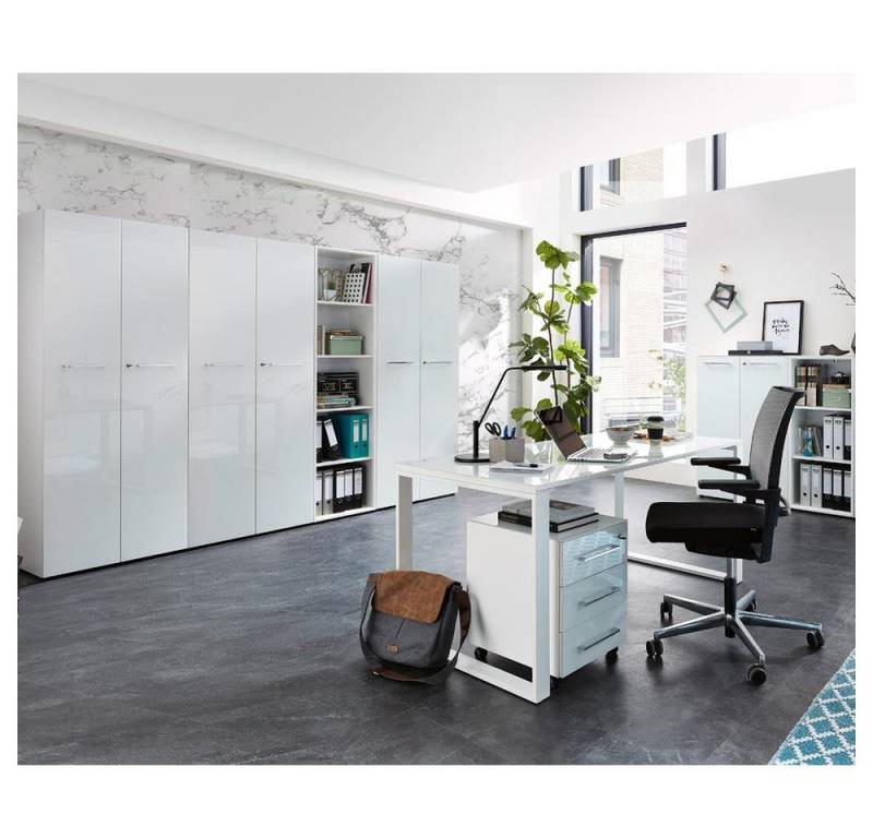 Lomadox Büromöbel-Set MONTERO-01, (Spar-Set, 7-tlg., Aktenschränke Büroschrank Aktenregal Regal Rollcontainer Schreibisch), mit hochwertigen Glasfronten in weiß 420x196x37 cm von Lomadox