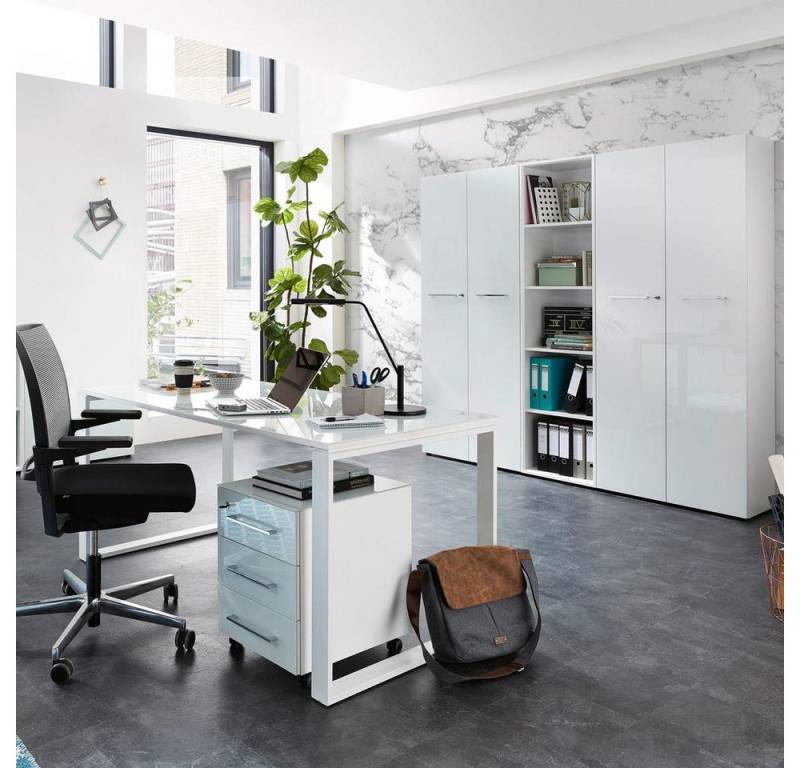 Lomadox Büromöbel-Set MONTERO-01, (Spar-Set, 5-tlg., Aktenschrank Aktenregal Rollcontainer Schreibtisch), Büroschrank Set mit weißen Glasfronten Design mit Glasplatte von Lomadox