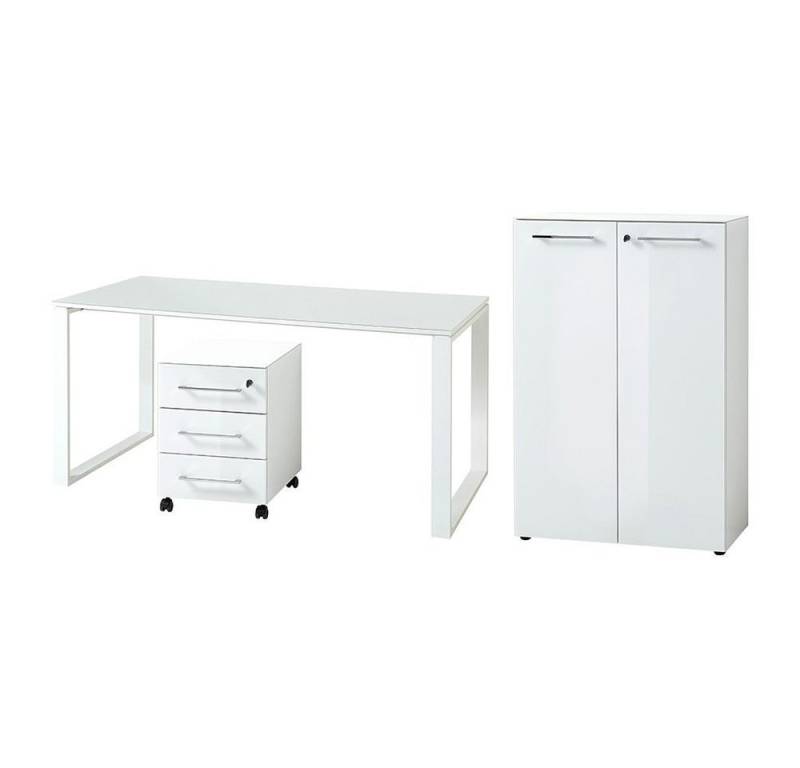 Lomadox Büromöbel-Set MONTERO-01, (Spar-Set, Aktenschrank Schreibtisch Rollcontainer), Büroschrank Set weiß mit Glasfronten B x H x T ca.: 255 x 75 x 80 cm von Lomadox
