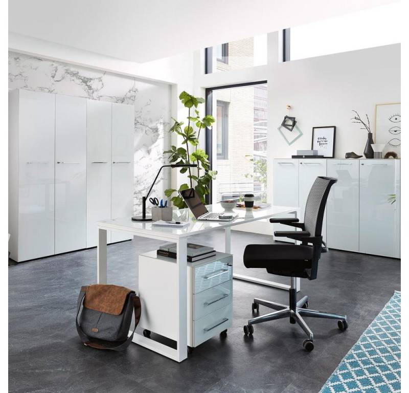 Lomadox Büromöbel-Set MONTERO-01, (Spar-Set, 6-tlg., Schreibtisch Rollcontainer AKtenschränke Büroschränke), weißen Glasfronten & Auflagen komplett und Rollcontainer 320x196x37cm von Lomadox