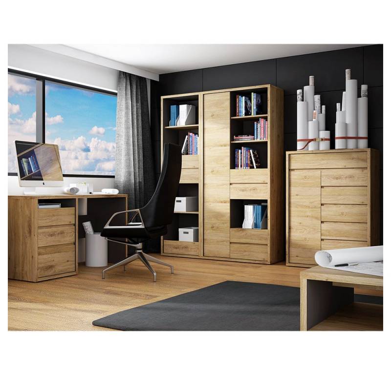 Lomadox Büromöbel-Set SELMA-129, (Spar-Set, 4-tlg., Bücherregal Schrankregal Kommode Schreibtisch), modernes Arbeitszimmer grifflos in Eiche von Lomadox