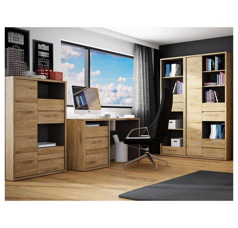 Lomadox Büromöbel-Set SELMA-129, (Spar-Set, 4-tlg., Bücherregal Schrankregal Highboard Schreibtisch), modernes Büro grifflos in Eiche von Lomadox