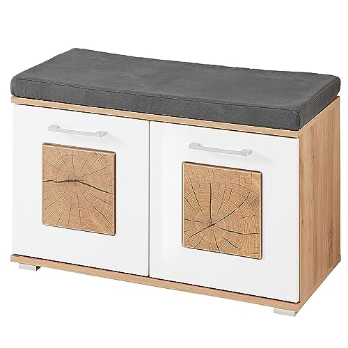 Lomadox Schuhbank mit Sitzpolster in Eiche Nb. mit weiß Hochglanz, B/H/T ca. 84/53/38 cm von Lomadox