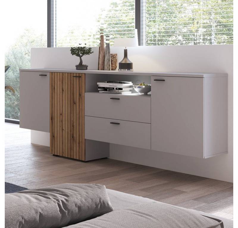 Lomadox Sideboard ASHBURTON-129, Kommode 205cm, grau mit Eiche, Rillenoptik, inkl. Beleuchtung von Lomadox