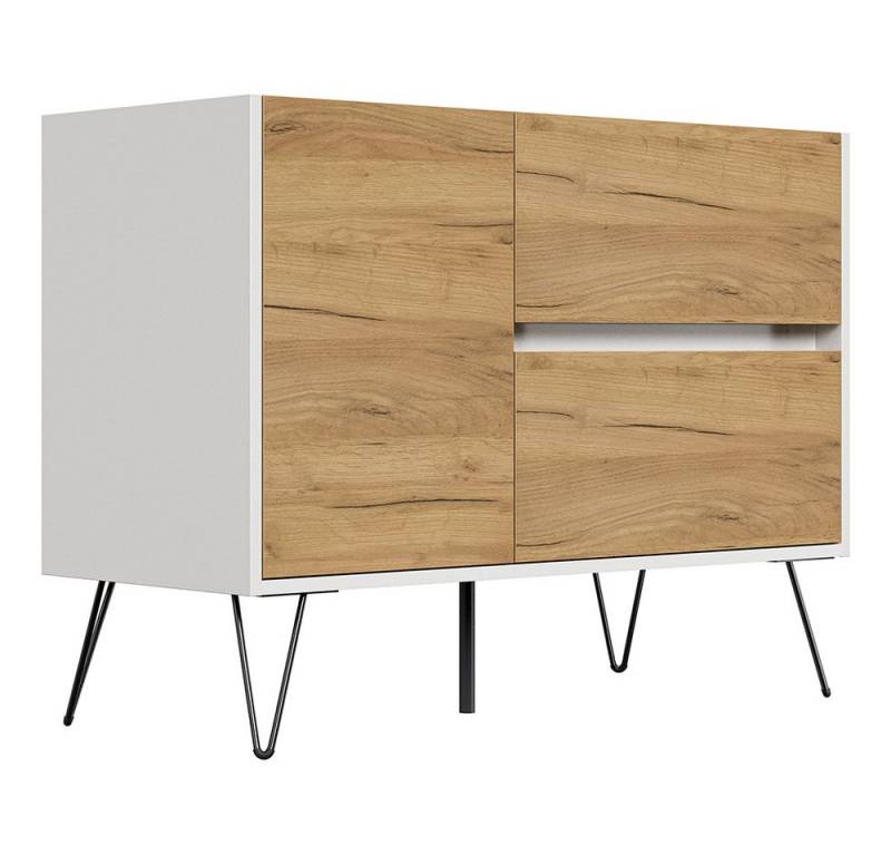 Lomadox Sideboard INDIANAPOLIS-02, 100cm breit, weiß Hochglanz mit Eiche, grifflos von Lomadox
