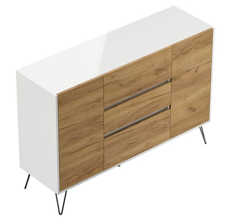 Lomadox Sideboard INDIANAPOLIS-02, 140cm breit, weiß Hochglanz mit Eichee, grifflos von Lomadox
