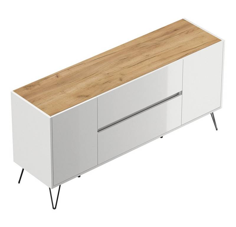 Lomadox Sideboard INDIANAPOLIS-02, 155cm breit, weiß Hochglanz mit Eiche, grifflos von Lomadox