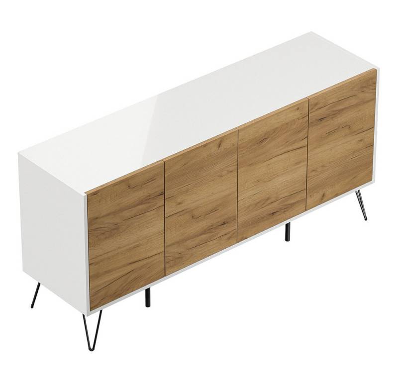 Lomadox Sideboard INDIANAPOLIS-02, 155cm breit, weiß Hochglanz mit Eichee, grifflos von Lomadox
