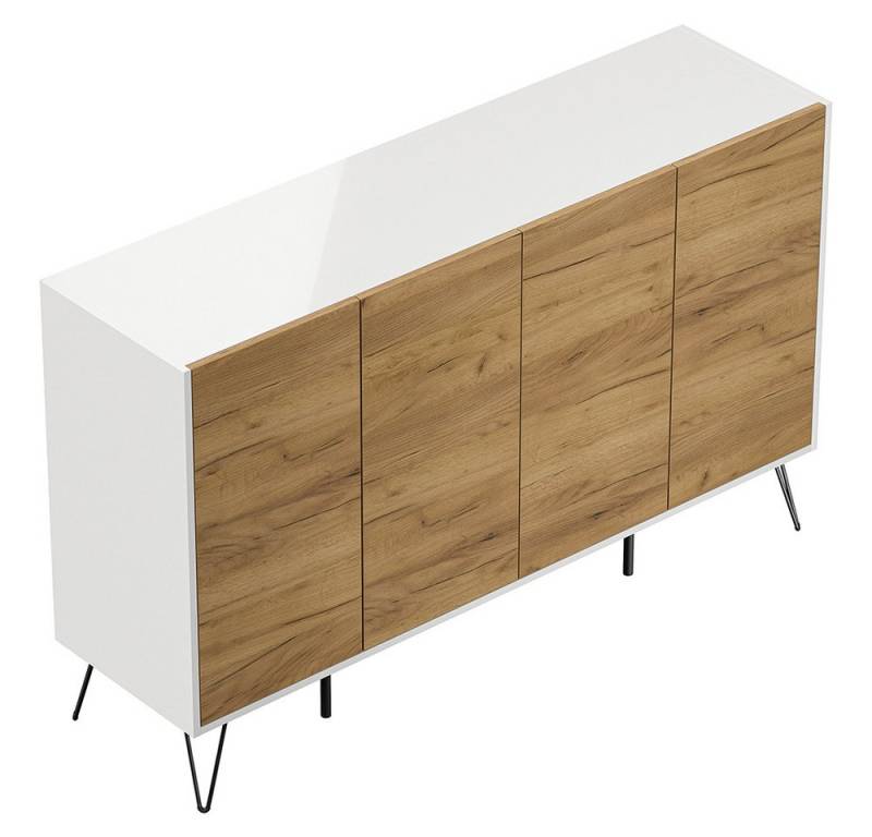 Lomadox Sideboard INDIANAPOLIS-02, 155cm breit, weiß Hochglanz mit Eichee, grifflos von Lomadox