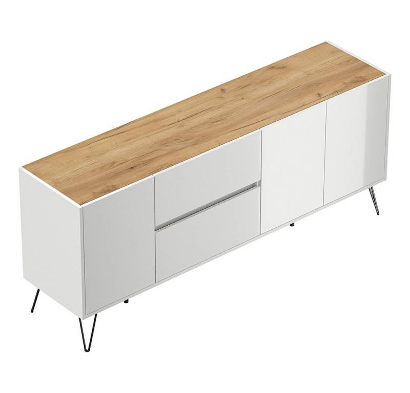 Lomadox Sideboard INDIANAPOLIS-02, 177cm breit, weiß Hochglanz mit Eichee, grifflos von Lomadox