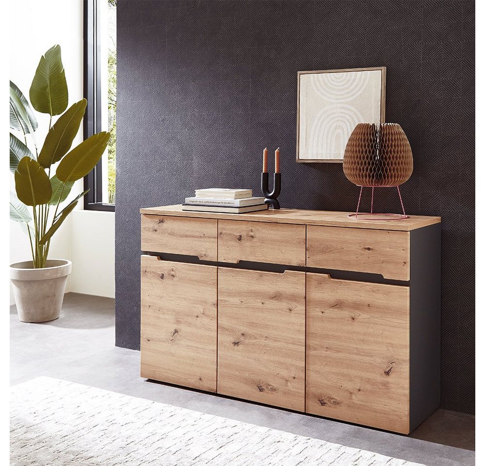 Lomadox Sideboard MANRESA-36, Eiche Graphit drei Schubkästen und drei Türen 135/82/38 cm von Lomadox