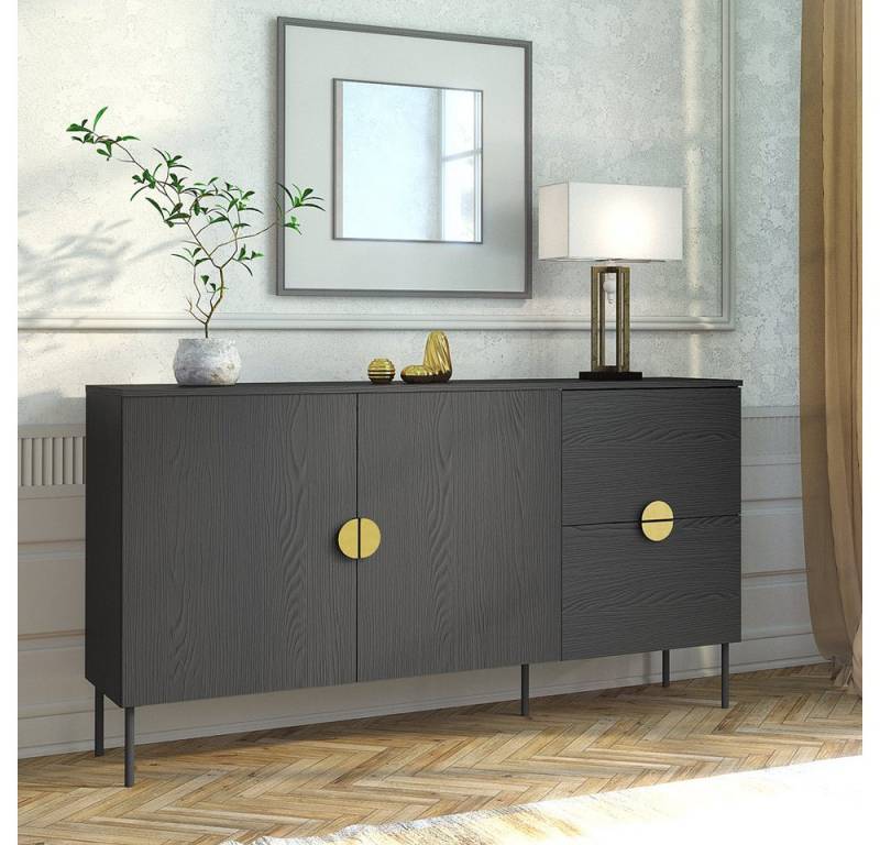 Lomadox Sideboard MOLONG-166, Kommode Anrichte Wohnzimmer Esszimmer schwarz Mid Century 160 cm breit von Lomadox