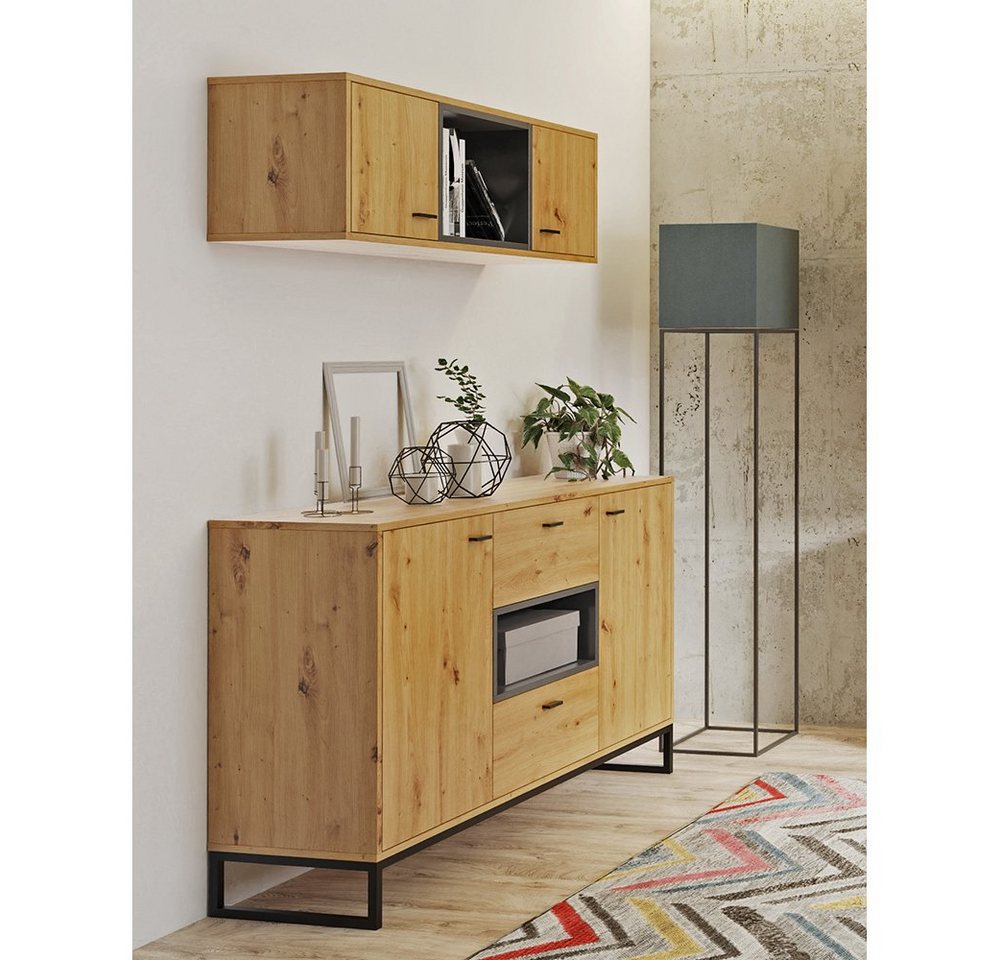 Lomadox Sideboard OSTUNI-132, und Hängeschrank in Artisan Eiche Nb. mit schwarz, 135/180/40 cm von Lomadox