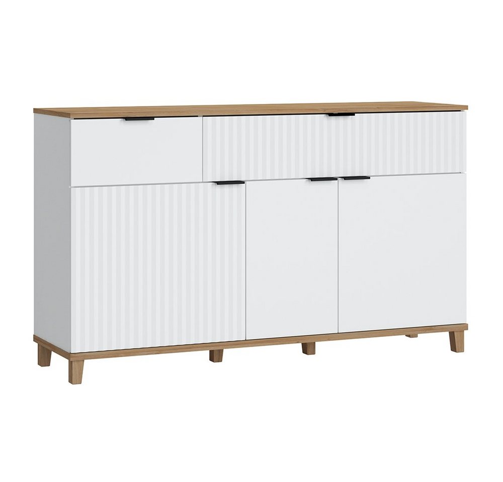 Lomadox Sideboard PLYMOUTH-129, mit 3 Türen, 2 Schubladen in weiß mit Eiche Nb., 144,8/86,4/40 cm von Lomadox