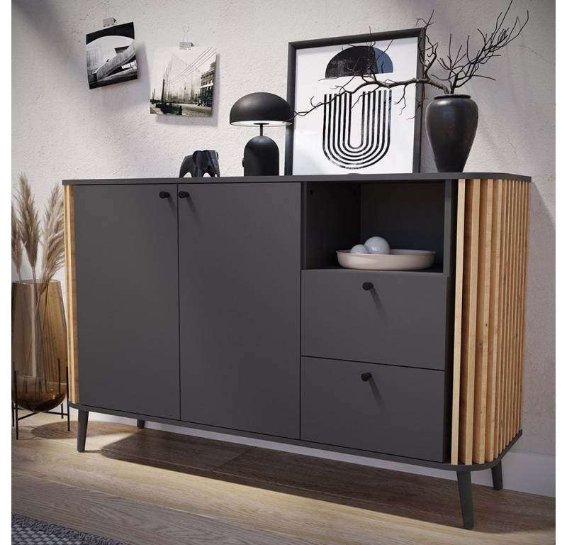 Lomadox Sideboard PONTS-158, grau Eiche Lamellen Retro Look Anrichte 138x87,5x40 cm von Lomadox