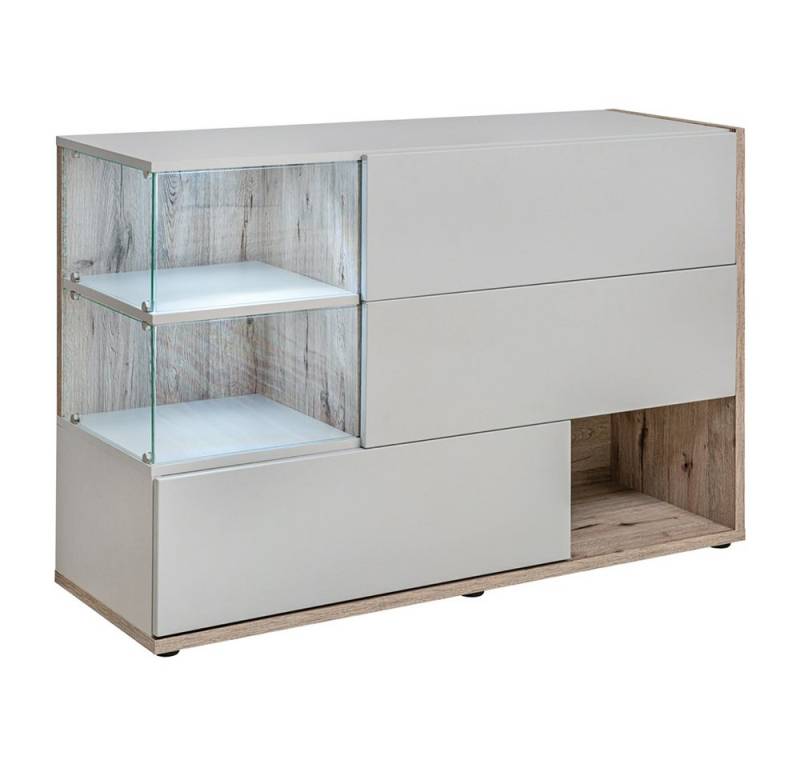 Lomadox Sideboard SAPRI-164, Kommode Vitrine, weiß Hochglanz mit Eiche, inkl. LED-Beleuchtung von Lomadox
